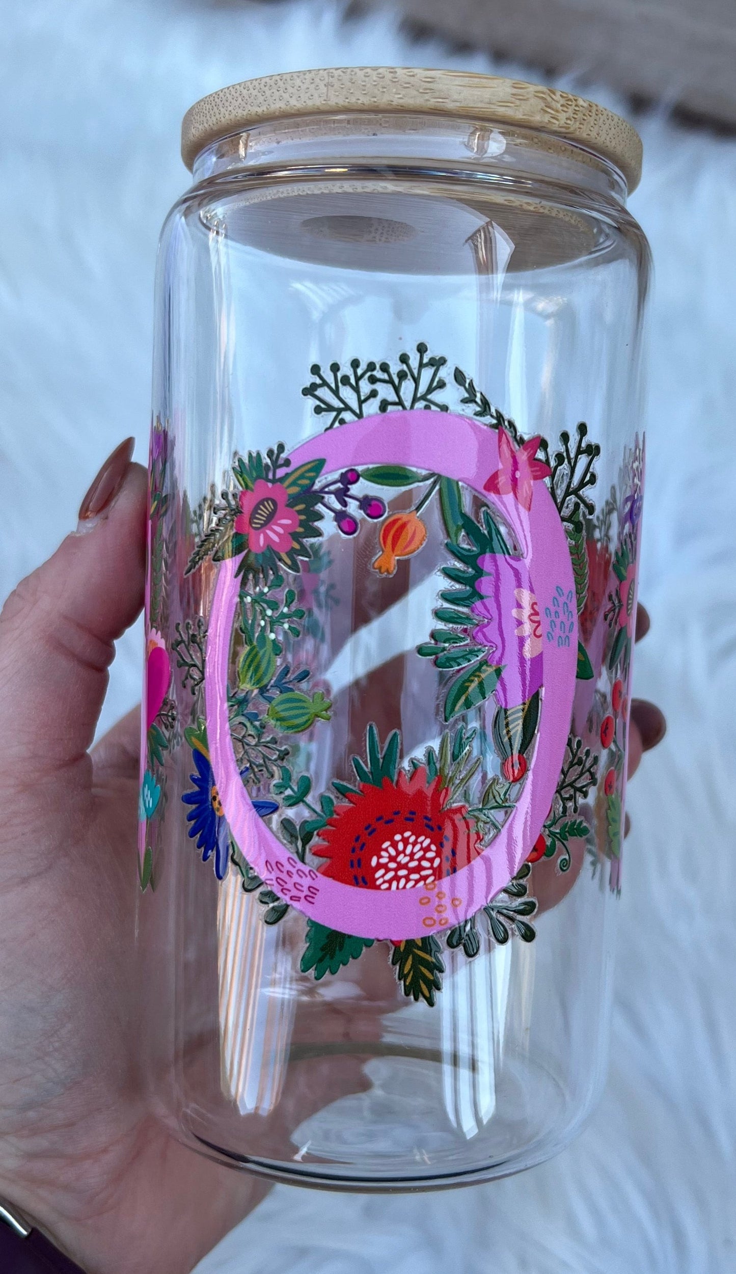 MOM Floral Glass Can Cup (16 oz)