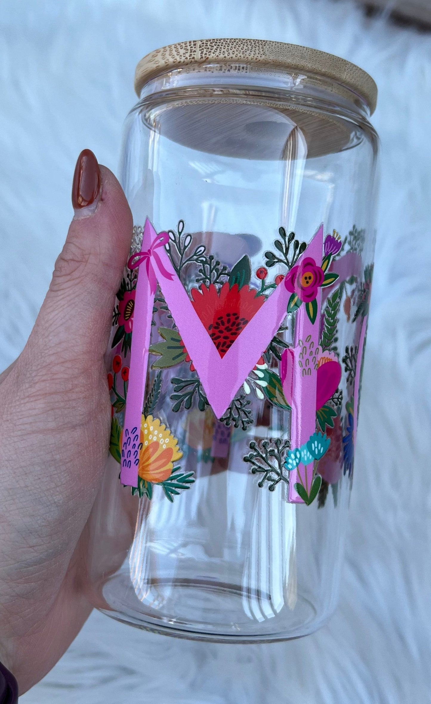 MOM Floral Glass Can Cup (16 oz)