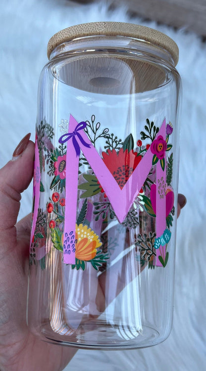 MOM Floral Glass Can Cup (16 oz)