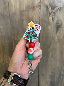 Santa Christmas Tree Badge Reel (Gingham Bead)