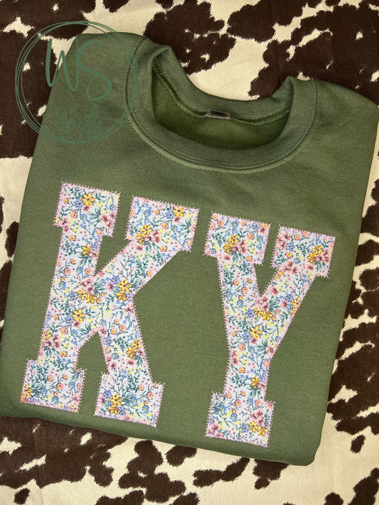 Floral and Green Embroidered State Crewneck