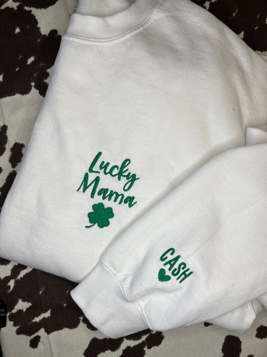 Lucky Mama Name Sleeve Embroidered Crewneck